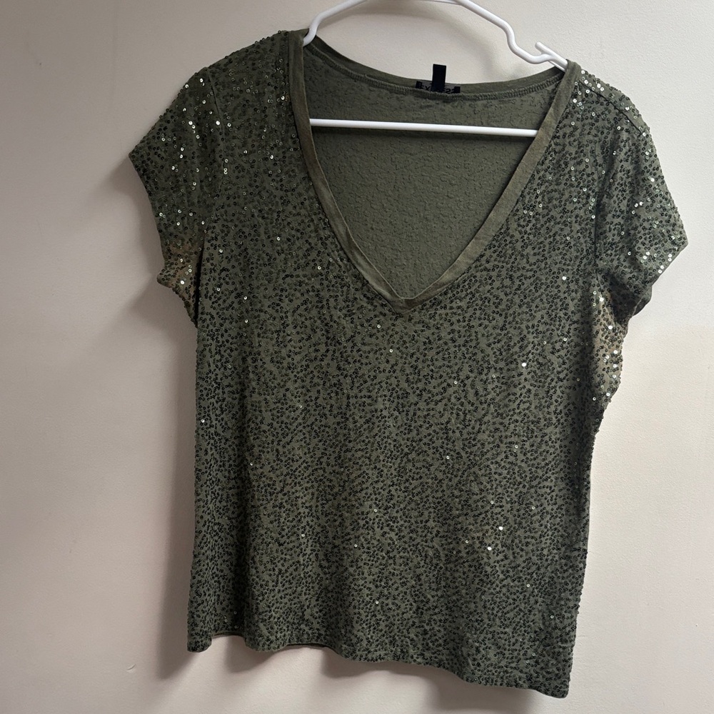 Express Olive Green Sequin V-Neck Short Sleeve Top